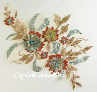 3D Nude/Aqua/Coral with Metallic Rose Gold Floral Embroidered Applique