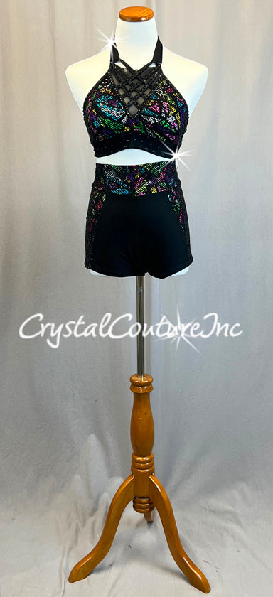 Navy Blue Two Piece Halter and Trunk with Appliques and Rhinestones –  Crystal Couture