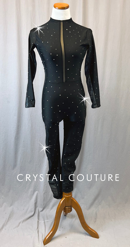 Black Mesh and Velvet Long Sleeve Unitard - Rhinestones – Crystal