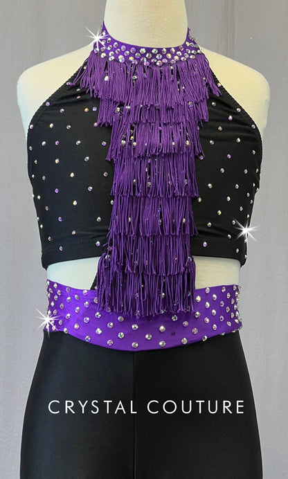 Black and Purple Connected Two Piece with Fringe and Rhinestones