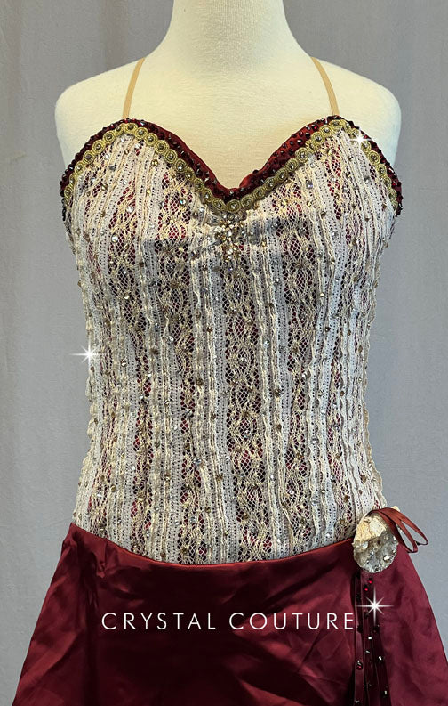 Ivory and Gold Corset Top with Maroon Wrap Skirt - Rhinestones