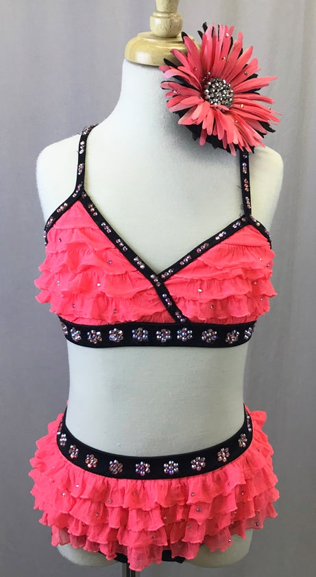 Black Floral Lace and Hot Pink Bra-Top and Leggings - Swarovski