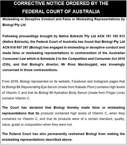 Biologi Misleading and Deceptive Claims in Federal Court of Australia about Vitamin C