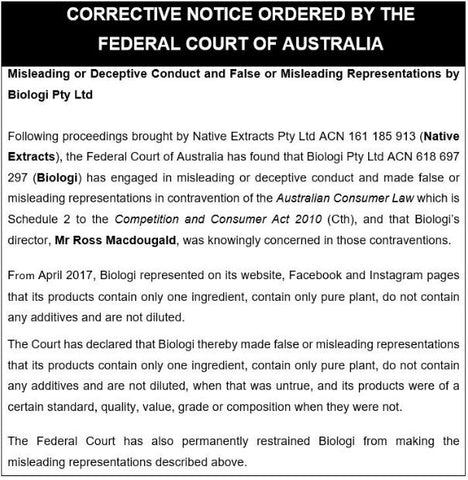 Biologi Misleading Claims in Federal Court of Australia about Pure Plant ingredients