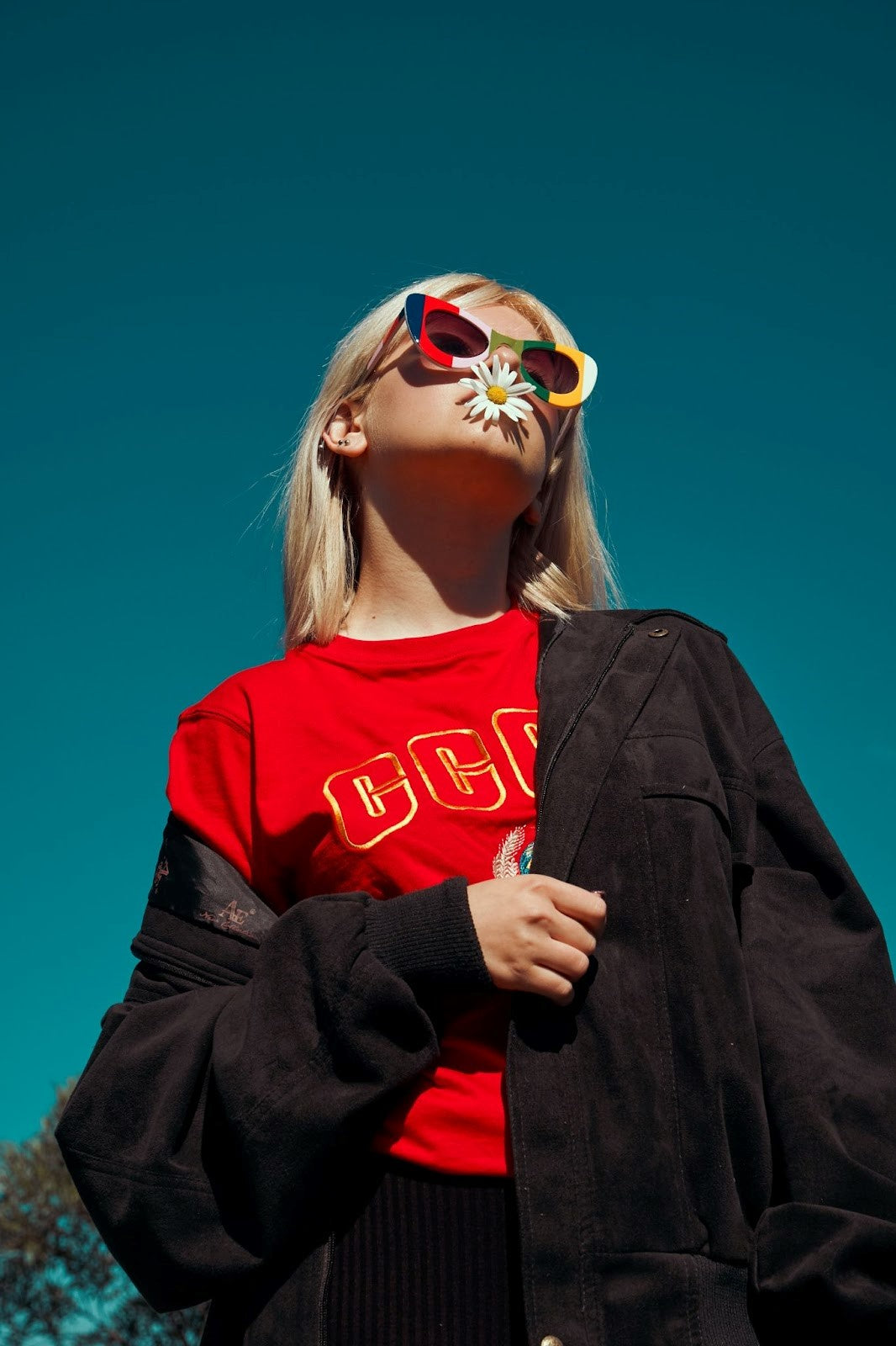 female model in red shirt