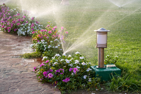 Photo of sprinklers watering the lawn.