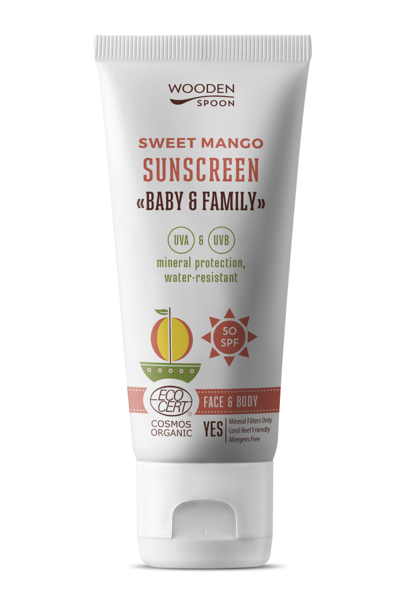 Wooden Spoon Opalovací tělové mléko Mango Baby & Family SPF 50 BIO 100 ml - voděodolné, nedělá bílé fleky
