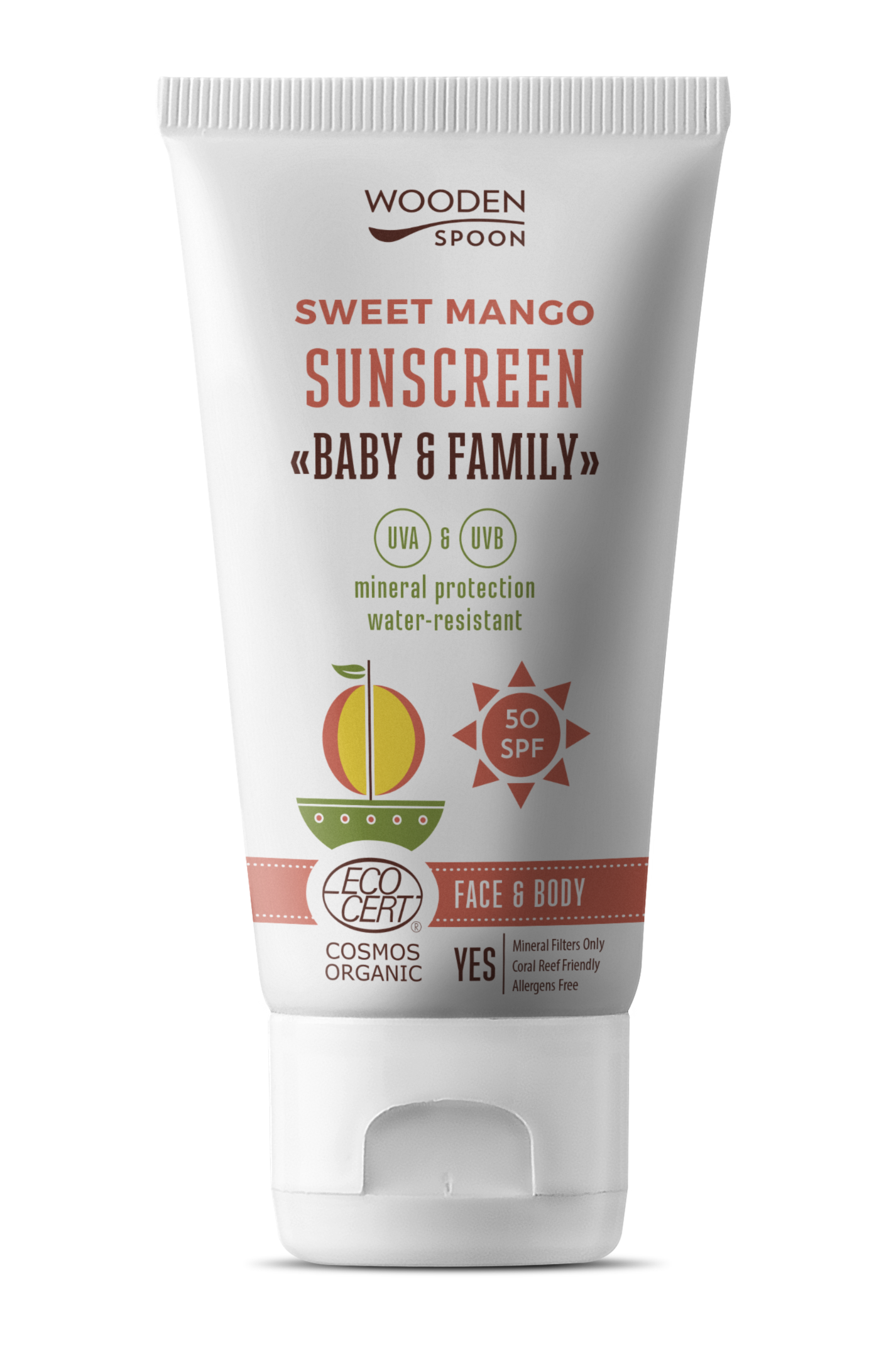 Wooden Spoon Opalovací tělové mléko Mango Baby & Family SPF 50 BIO - 150 ml - voděodolné, nedělá bílé fleky