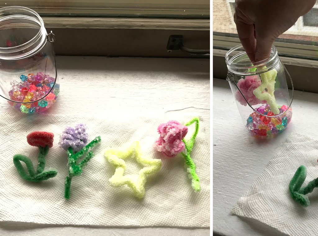 Gently place your pipe cleaner crystals into the jar