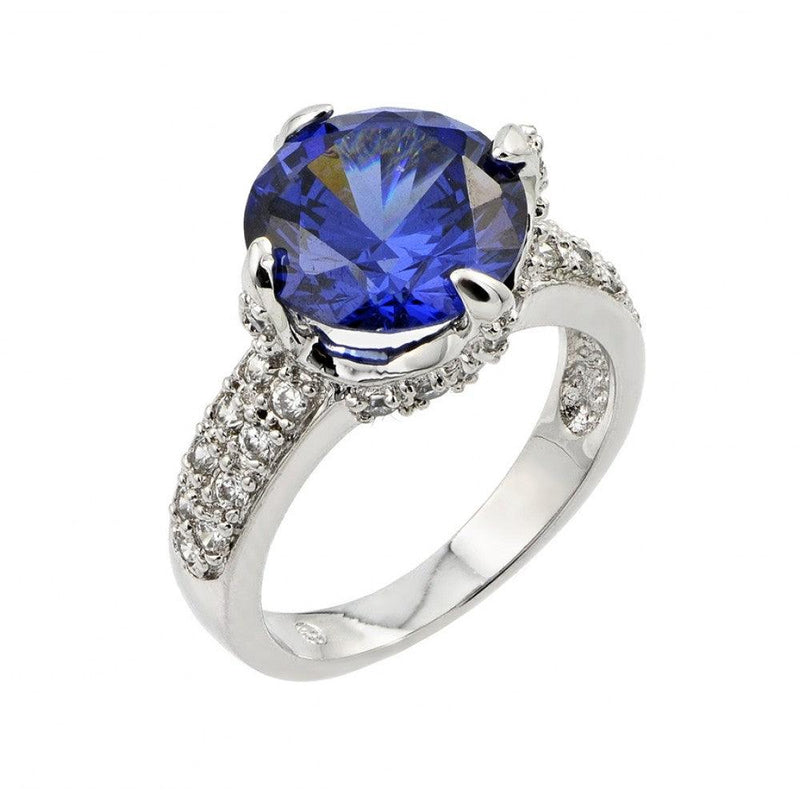 Silver 925 Rhodium Plated Round Blue Center and Clear Micro Pave Set CZ Bridal Ring - BGR00779