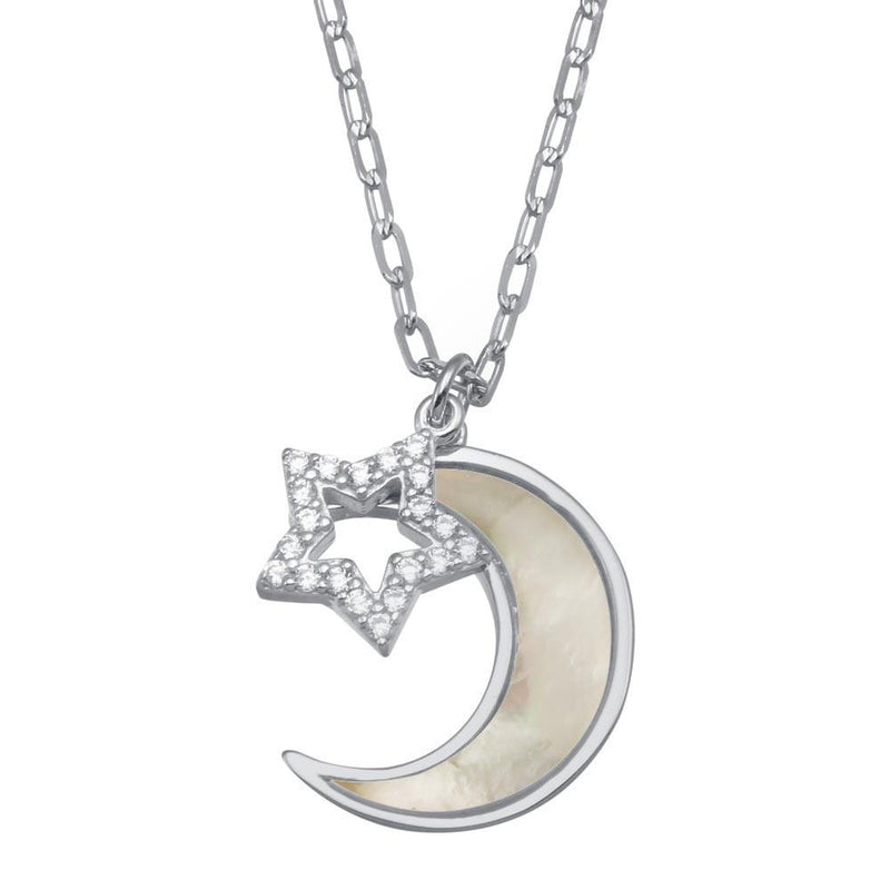 Silver 925 Rhodium Plated CZ Synthetic Mother of Pearl Star and Crescent Moon Necklace - GMN00102