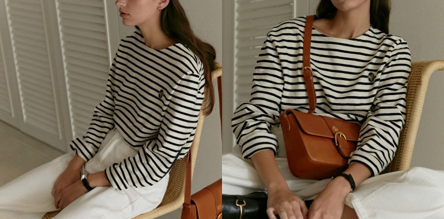 dpwd elbow patch stripe t shirts - ivory着用画像1