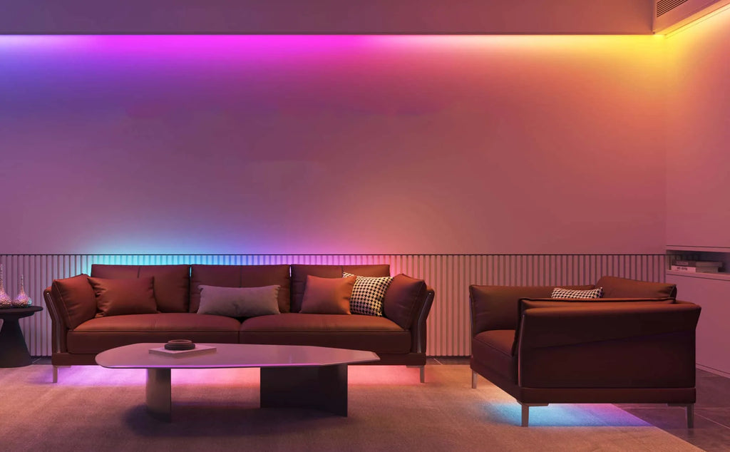 The home's ceiling and sofa are decorated with acoshneon LED strips and lit up with rainbow-colored lighting.
