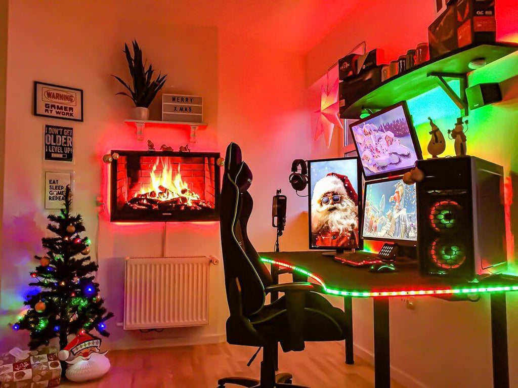 Red and green led light strips were installed on the computer desk and fireplace in the home.