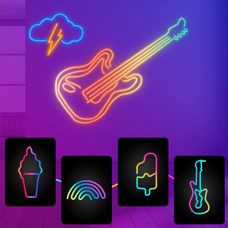 Neon strip lights DIY shapes with ice cream, rainbow, popsicle, guitar, lightning, cloud.