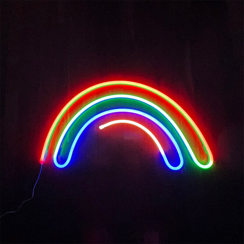 Neon led strip lights designed in the shape of a rainbow.
