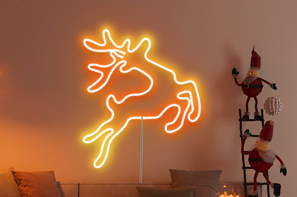 Elk shapes made from bendable neon strip lights decor the walls.