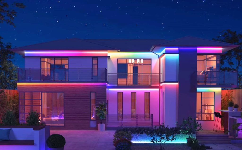 Acoshneon RGBIC LED strips are adorned around the house's exterior and used as night lighting to enhance the ambiance.