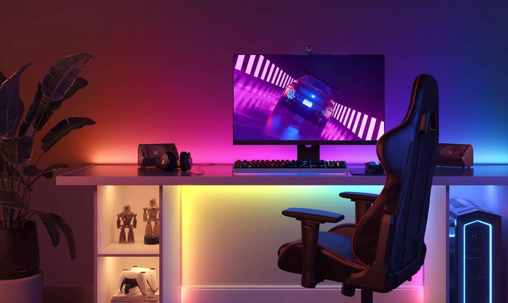 The computer desk in the game room was installed with color-changing LED strips and set to a rainbow of light colors.