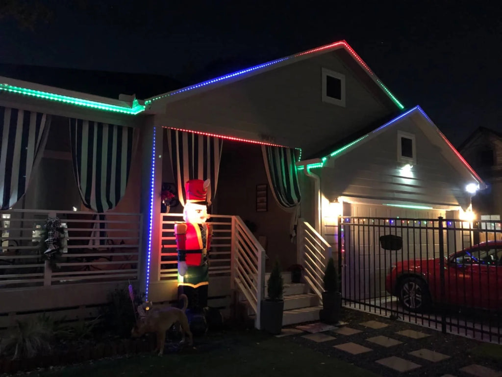 LED strips were installed under the eaves of the outdoor area and a rainbow of lighting colors in chase mode was selected to create the ambiance.