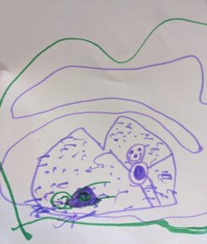 A child's drawing in purple and green marker ink.