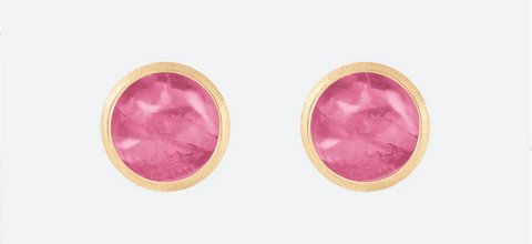 cerise (red) tourmaline round caabershon cut earring studs set in 18ct yellow gold from lotus collection by Charlotte Lynggaard