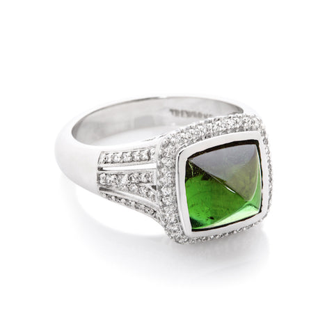 Artemis Green Tourmaline Ring surrounded by Diamonds set in 18ct White Gold