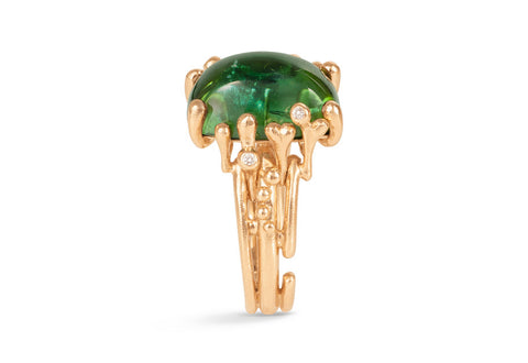 bohemian style green tourmaline cabershon ring set in 18ct yellow gold
