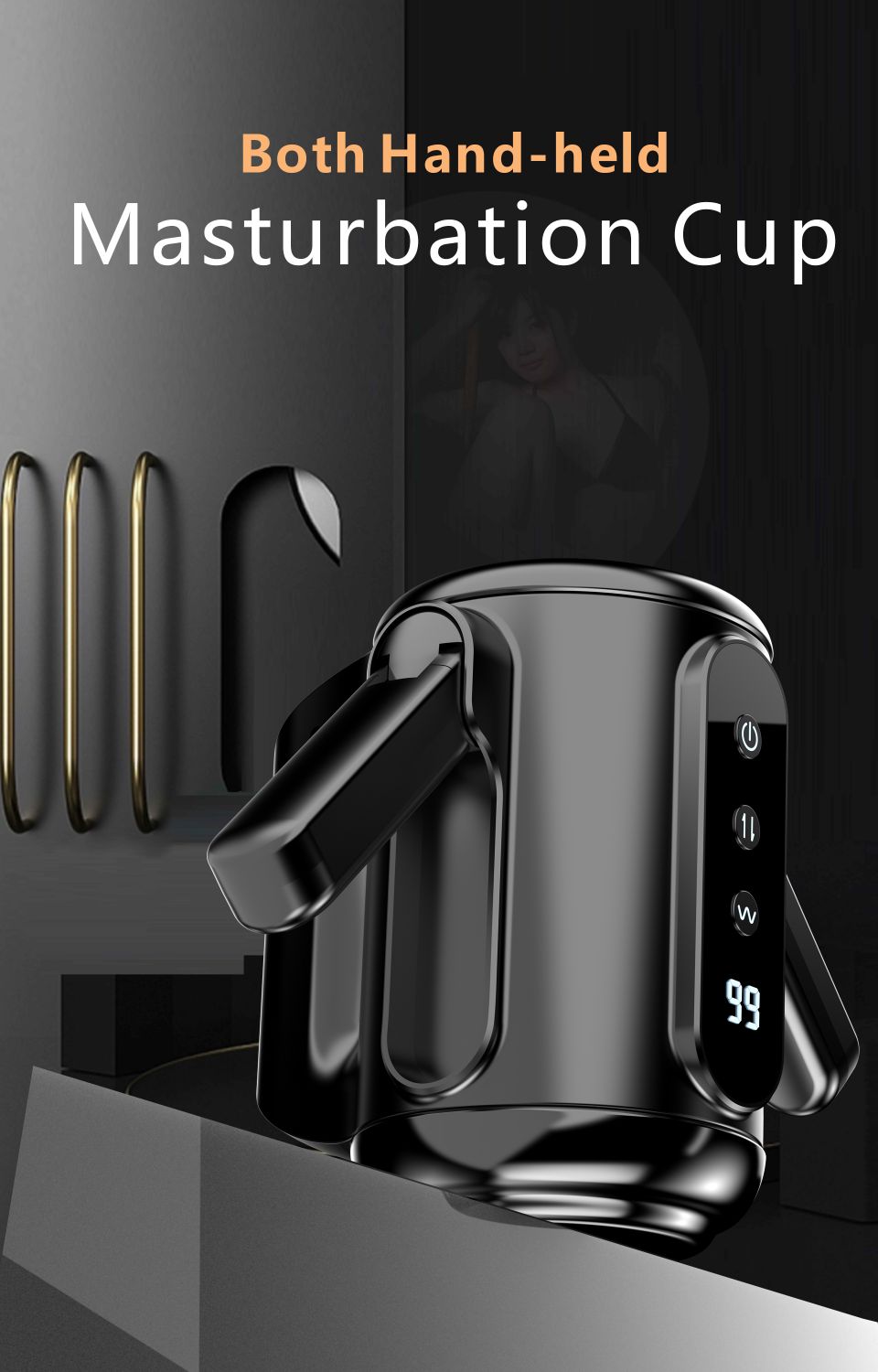 Handheld Masturbator with 6 Vibrating Thrusting Modes 3 Speeds Double Insertable Male Masturbation Cup