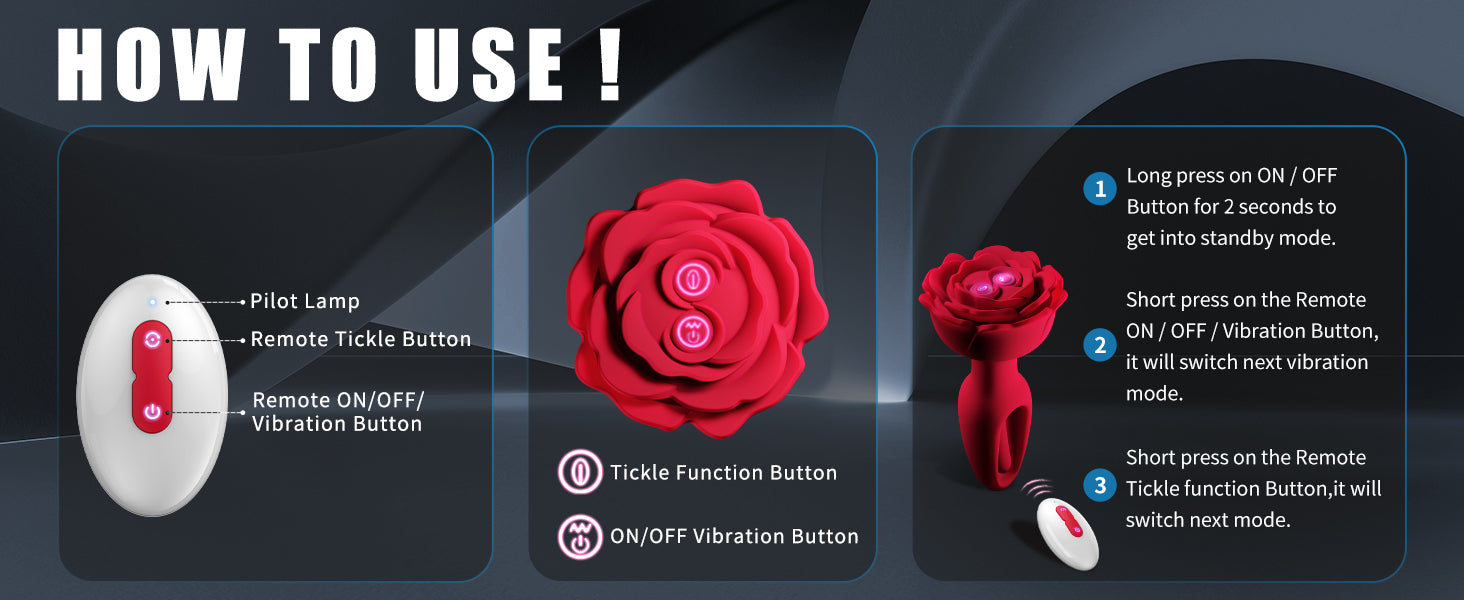 Juguetes anales Rose Butt Plug con 9 modos de vibración y aleteo Vibrador de control remoto