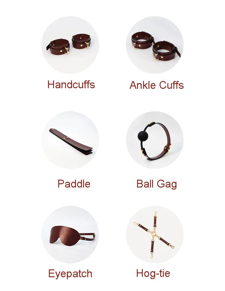 Echtes Leder Bondage Kits Sexspielzeug Sexspiel für Paare Handschellen Fußfesseln Kragenknebel Hogtie