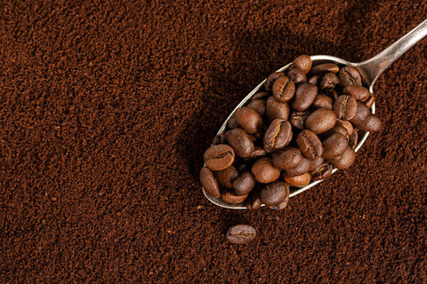 Coffe beans in a spoon with in powdered instant coffee