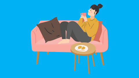 Graphic woman sitting on the sofa with a cuppa, relaxing | Jenny Nordic Skincare