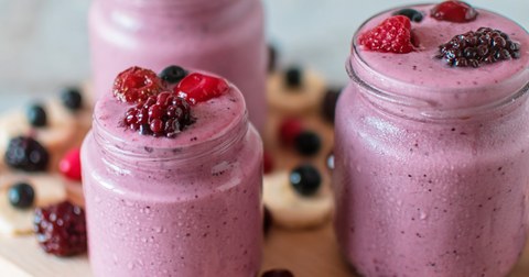Three glasses full of pink berry smoothie | Jenny Nordic Skincare