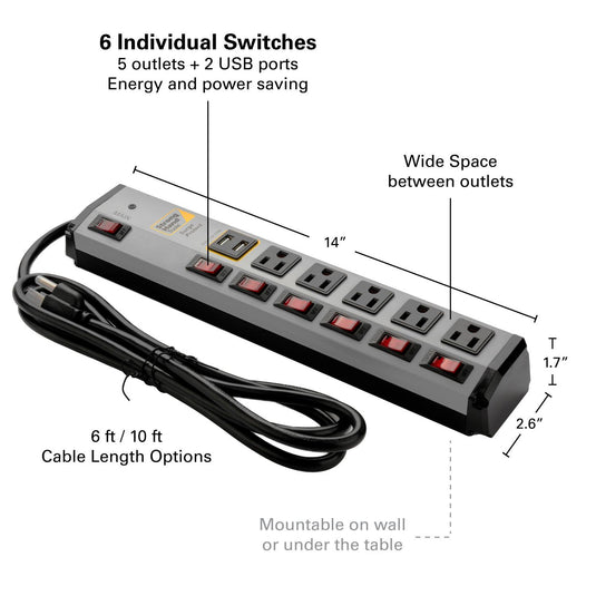 Surge Protector Power Strips w/ USB Port, Metal Case, 6' Cable – Strong  Hand Tools