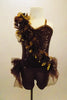 Camisole biketard is brown sequin with brown ribbon-rose trim & gold leaves, flowing from the hip over shoulder. Open back,crystaled straps & open tutu bustle. Comes with matching hair accessory. Front