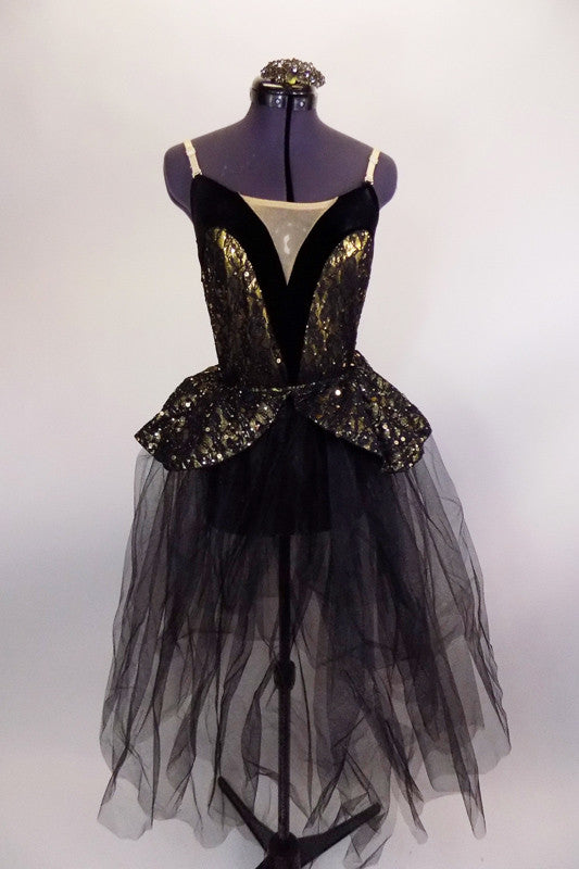 Gold camisole leotard with black sequined lace has wide black velvet deep plunge center with nude insert. Matching overlay sits on long black tulle skirt.  Comes with hair accessory. Front