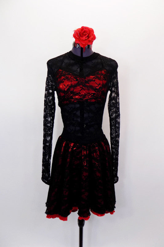 2-piece costume is lace black leotard with solid bottom, open back & red bra beneath the lace. The accompanying skirt is a red base below a black lace overlay. Comes with floral hair accessory. Front