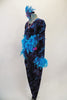 Unitard with blue & magenta swirl pattern on black velvet. The sides & cuffs are lined with turquoise feathers. Open cross back & banding is covered in crystals. Comes with feather hair accessory. Left side
