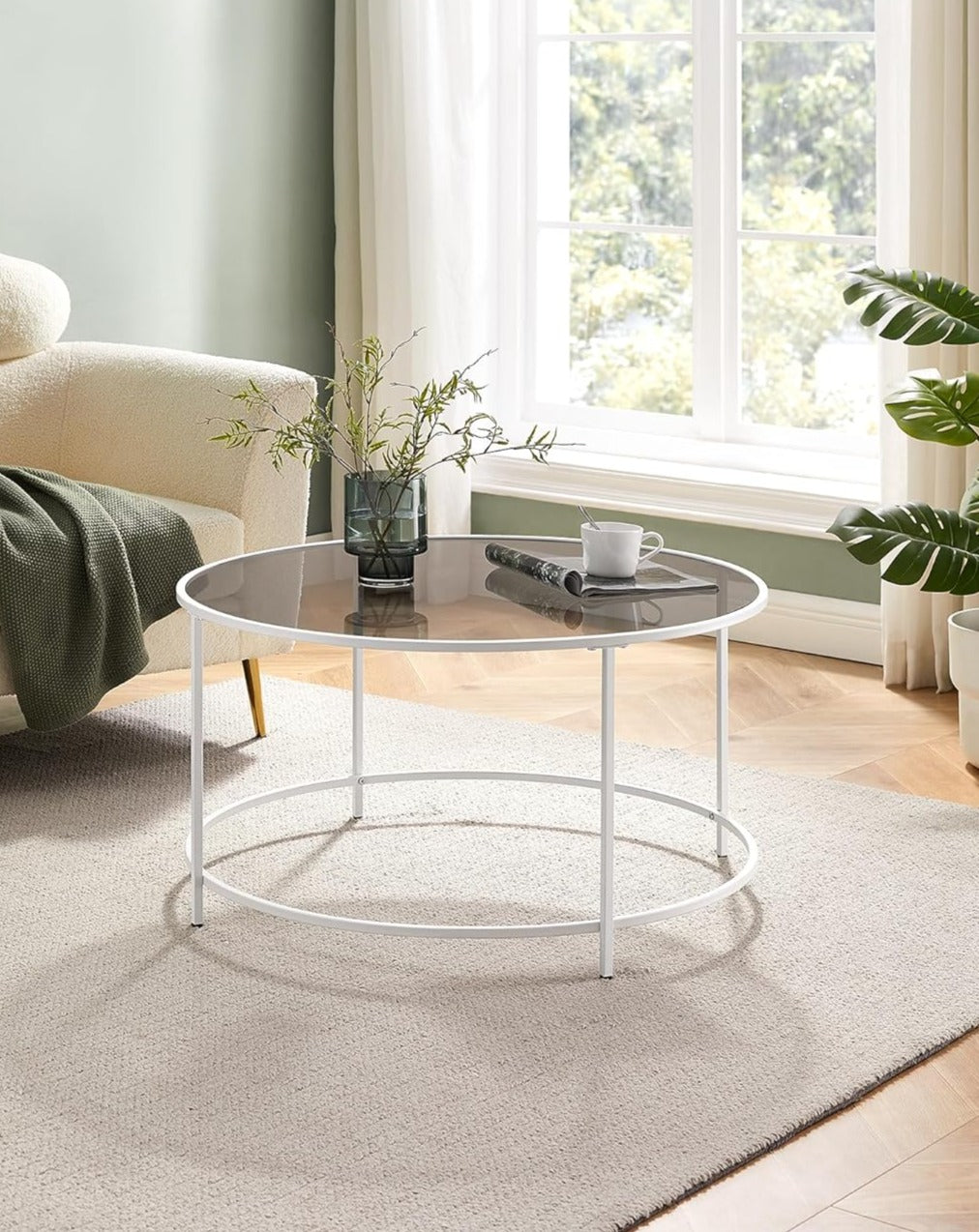 Rundt glasbord til stue, metalramme, moderne, perlehvid og skifergrå