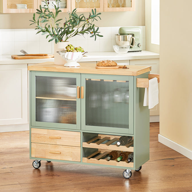 Billede af Trendy og stilfuld køkkenø på hjul med vinhylder, 109x40x92 cm, grøn