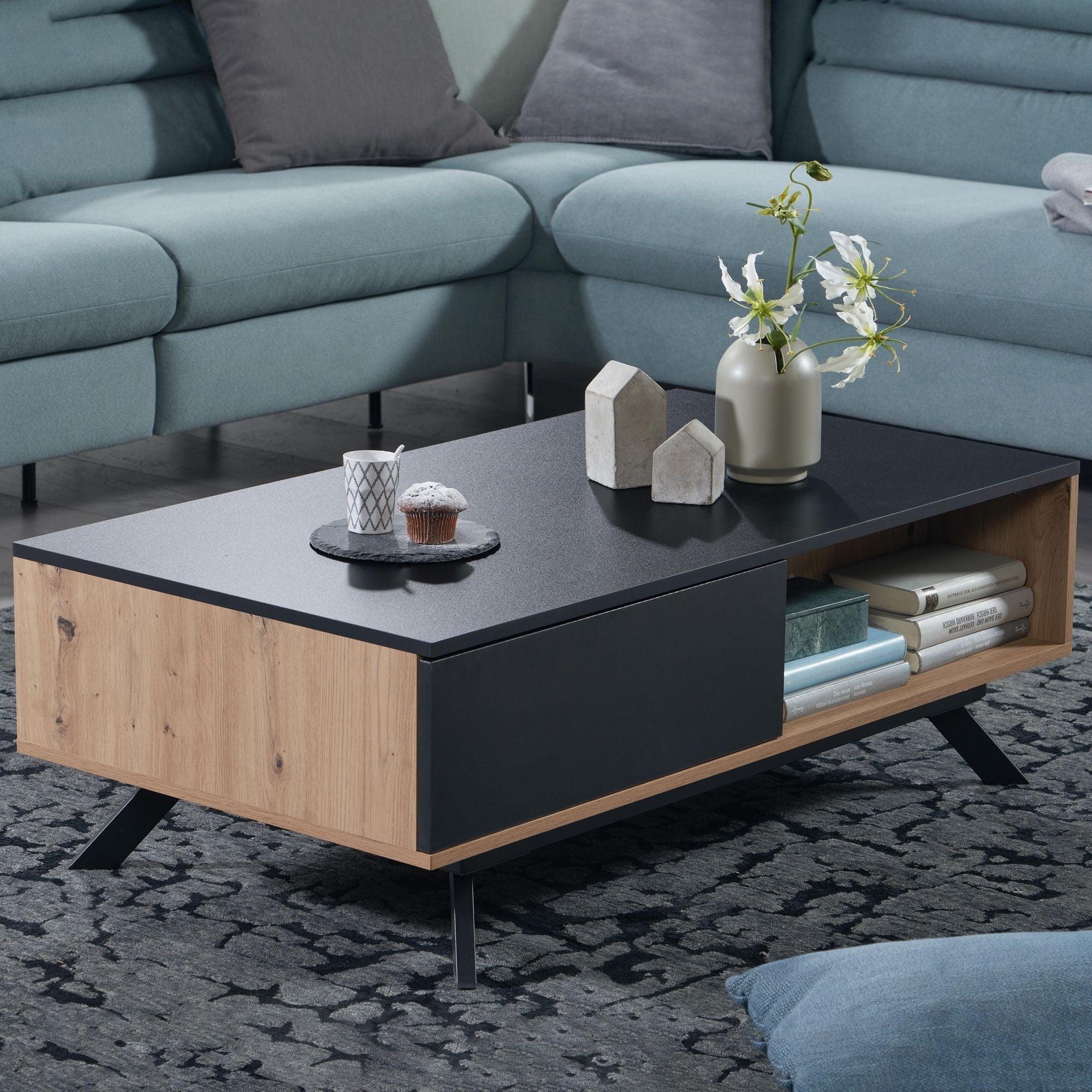 7: Sofabord med skuffer, naturfarvet eg og sort, japandi-look, 110x60x38 cm