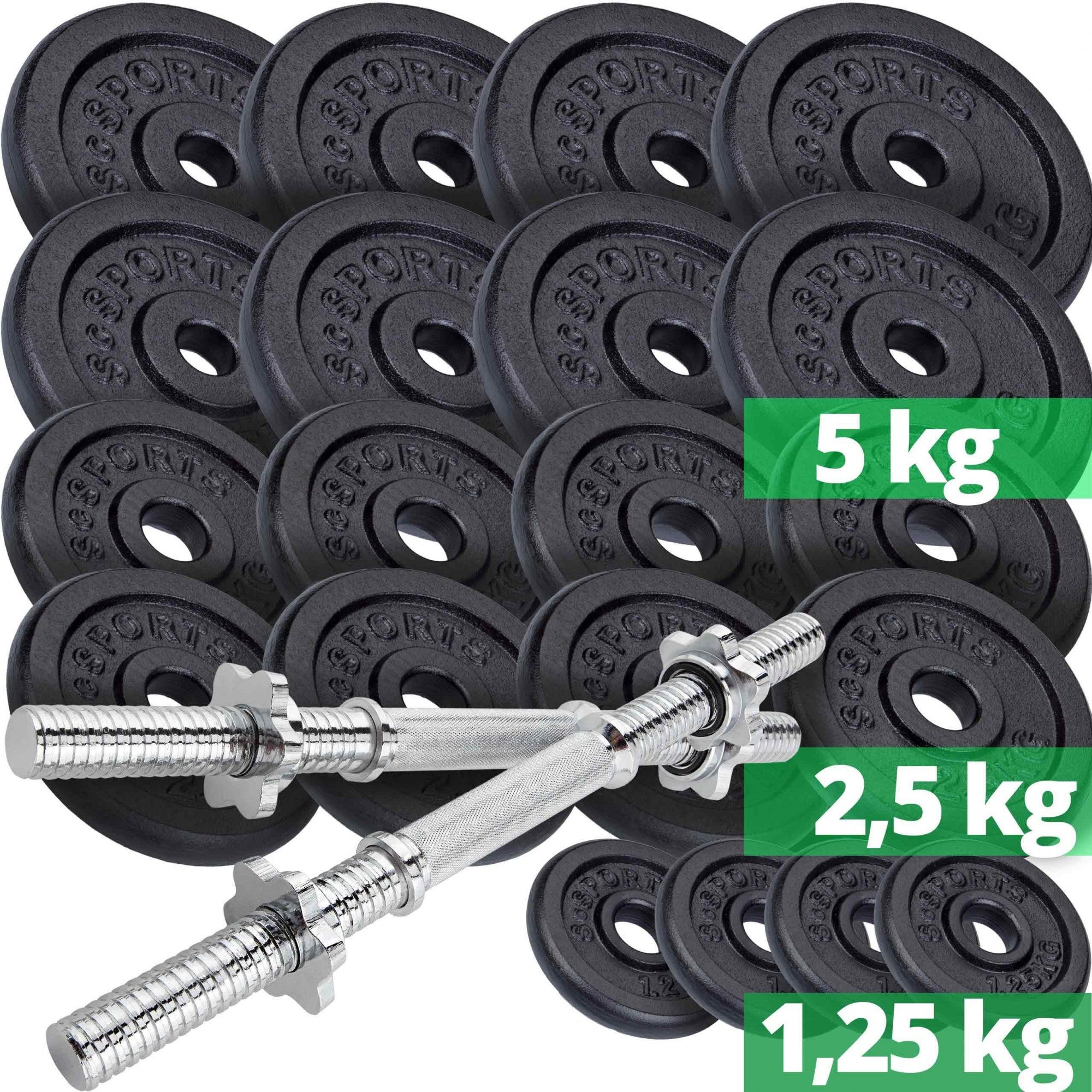 Håndvægtssæt – 70 kg, vægtskiver: 8×5 kg, 8×2,5 kg og 4×1,25 kg