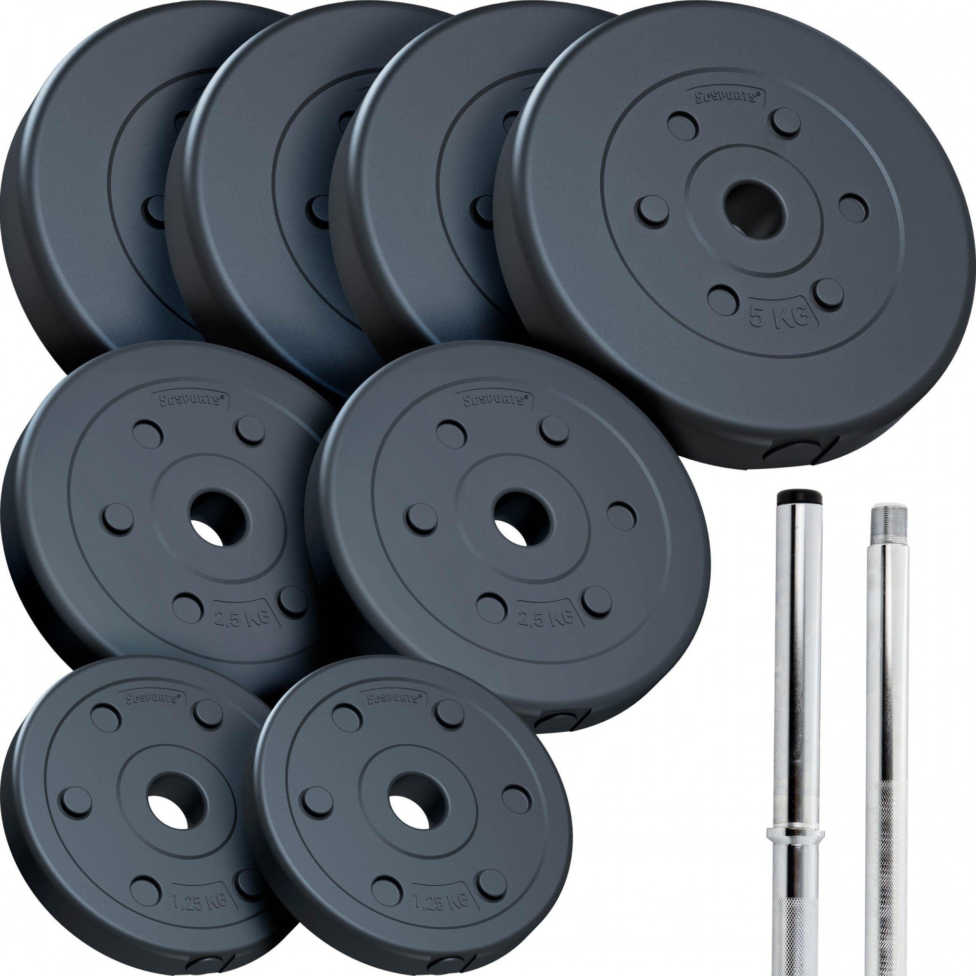 Billede af Vægtsæt - 30 kg Vægte (2x1,25/2x2,5/4x5 kg), 30mm, 2-delt stang 120cm, krom, med fjederlås