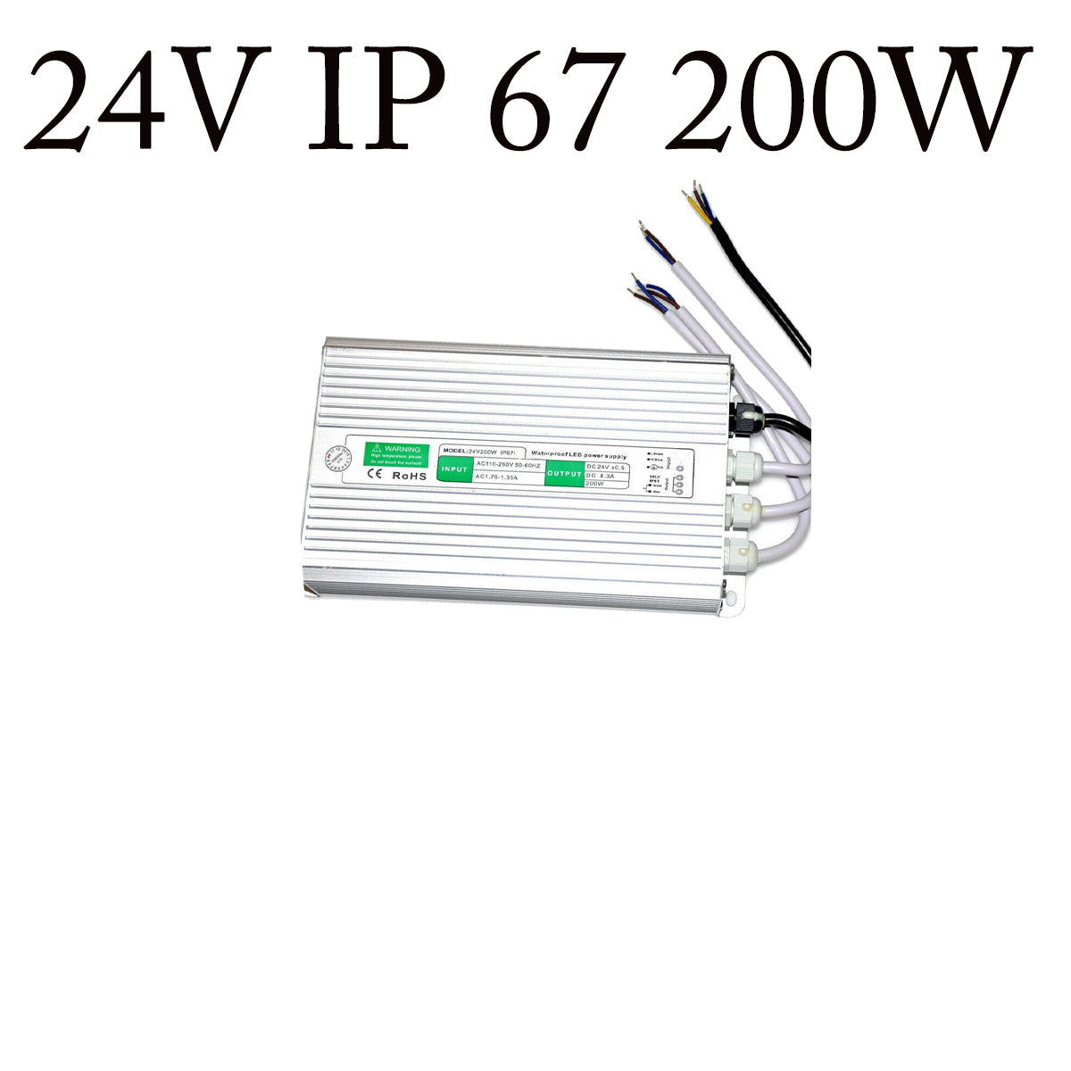 LED strømforsyning 24V DC, 200W, 8.3A, IP67 strømforsyning vandtæt driver