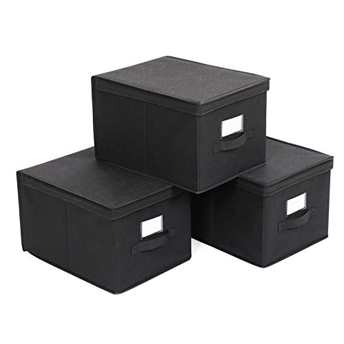 Sæt med 3 sammenklappelige opbevaringsbokse med låg, stofkuber med etiketholdere, opbevaringsbokse til organisering, 40 x 30 x 25 cm, sort
