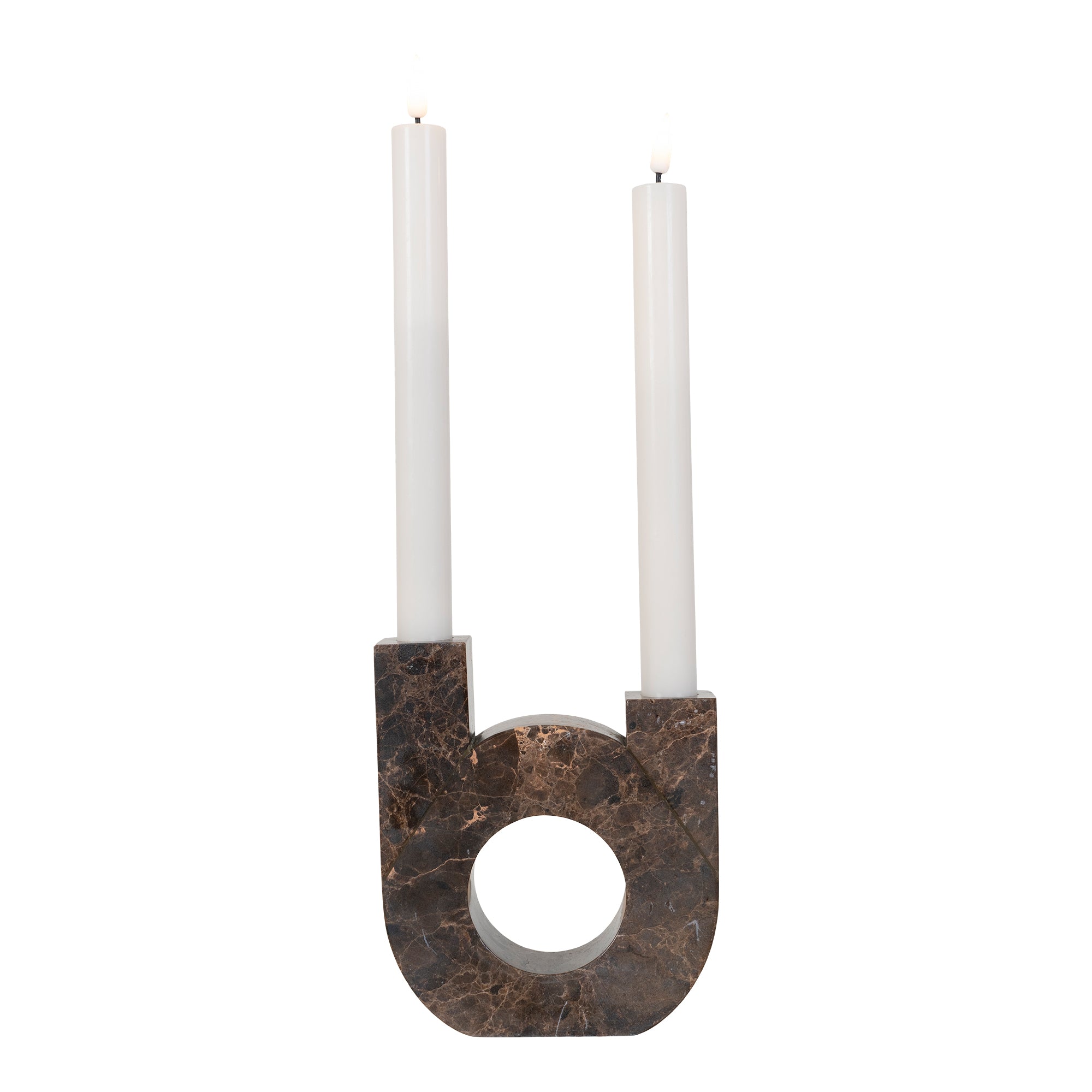 5: Lysestage - Lysestage i marmor, brun, dobbelt holder, 13x3,5x15 cm