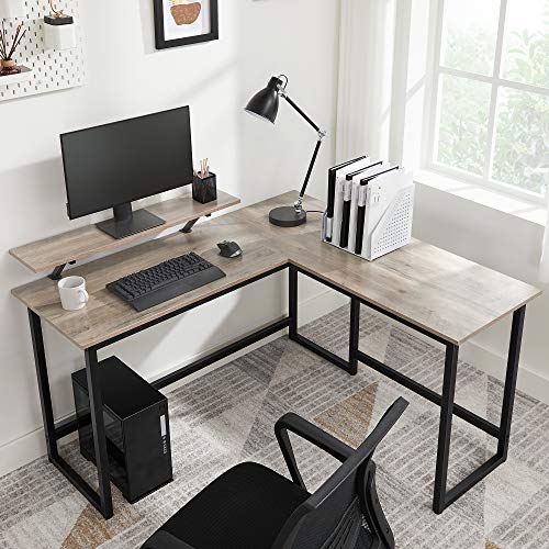 Billede af Computerbord, L-formet skrivebord, industrielt look, pladsbesparende, 140x130x76/91,5cm, greige og sort