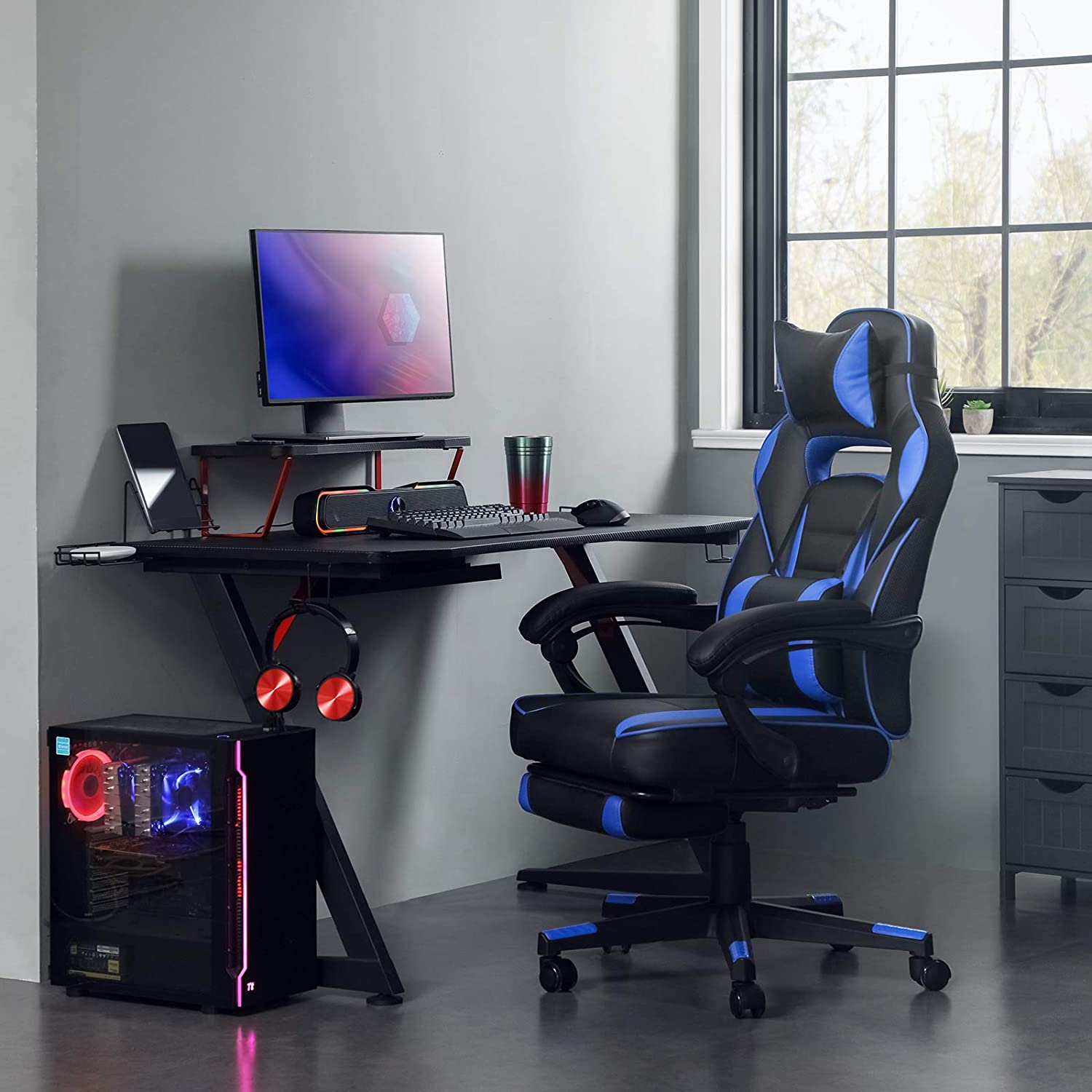 Billede af Gamingstol, skrivebordsstol med fodstøtte, nakkestøtte og lændepude