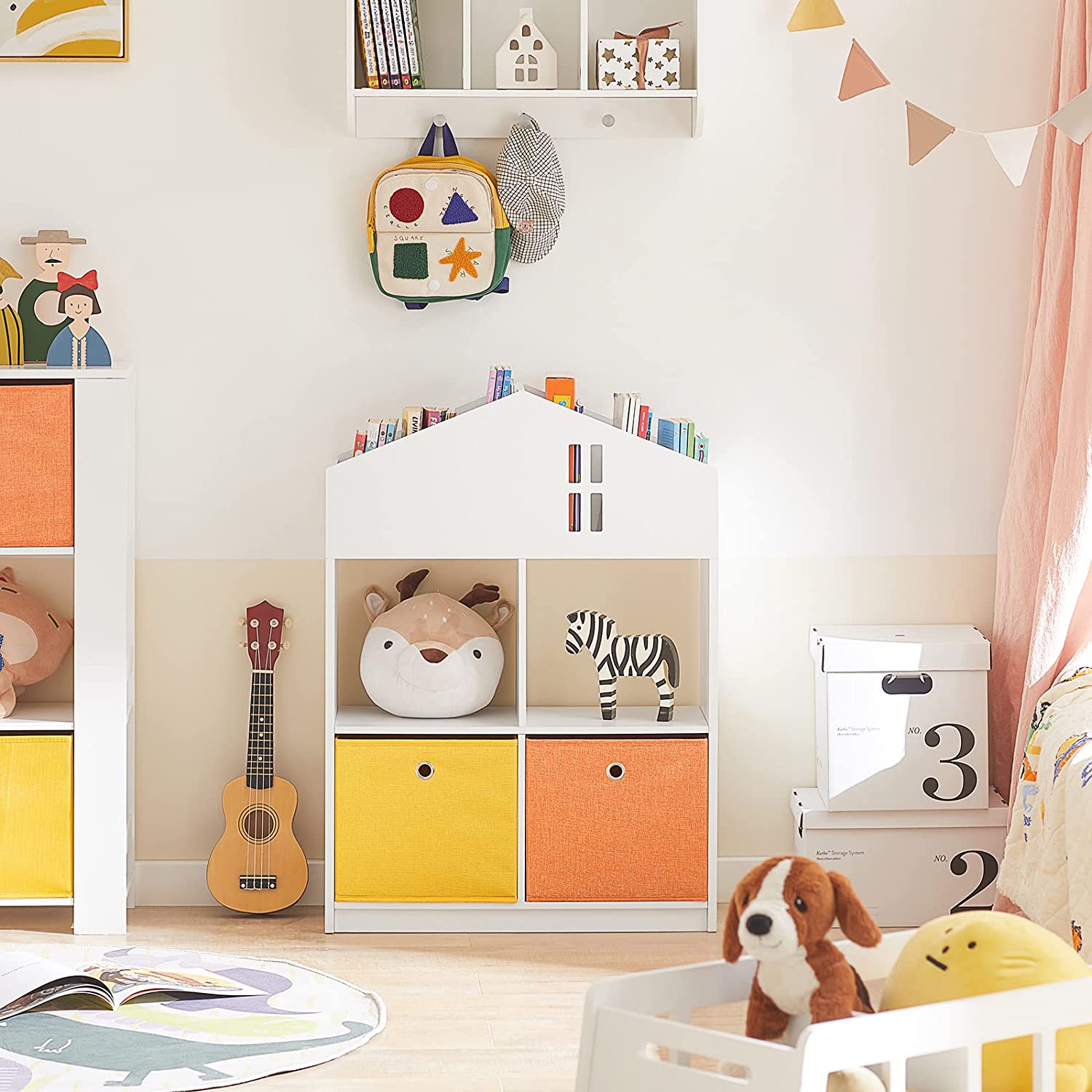 Billede af Bogreol til børneværelset, 27 x 91 x 65 cm, hvid med farvede kasser